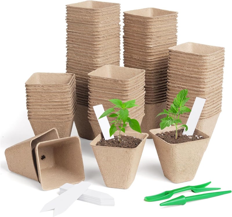 KOAMLY Square Peat Nursery Pots 150 Pcs 3in Biodegradable and Label, Used for Outdoor Gardens in Plant Nurseries - Image 1